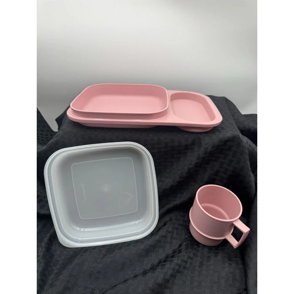 Tupperware Meal Mate Mauve Divided Plate w/Lid 1837-4 + Coffee Cup 1312-28 VTG